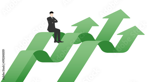 A successful leader visionary businessman sitting confidently on a green arrow rising. Concepts of money, investment, wealth, financial growth, and strategic business decisions in competitive economy
