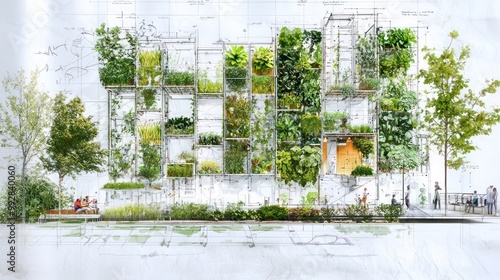 Blueprint for an urban vertical garden, showing irrigation systems, plant selection, and integration with public spaces