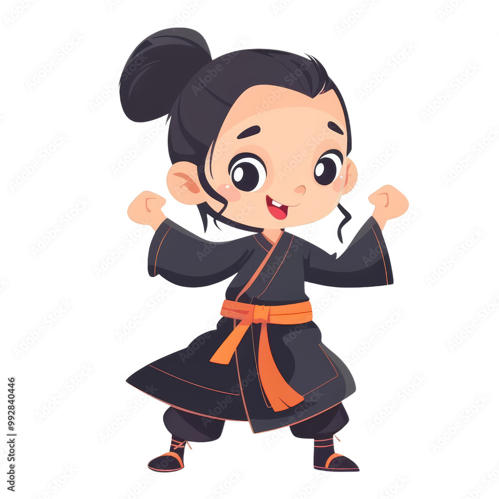 A cartoon illustration of a young person with a bun in their hair wearing a black martial arts uniform with an orange belt A cartoon illustration of a young person with a bun in their hair wearing a black martial arts uniform with an orange belt