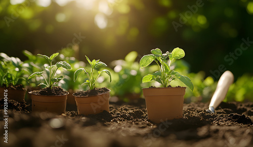 Young Plant Seedlings Growing in Pots with Gardening Tools on Soil design