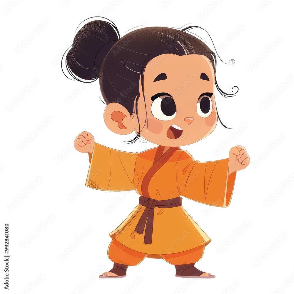 A cute cartoon girl with a black belt and an orange robe with her hands up in the air smiling. A cute cartoon girl with a black belt and an orange robe with her hands up in the air smiling.