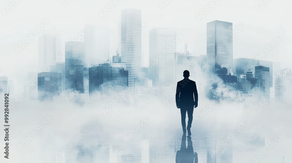 Businessman Silhouette Walking in Minimalist Cityscape Businessman Silhouette Walking in Minimalist Cityscape
