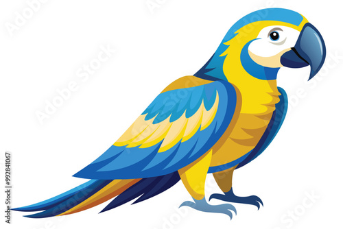 blue and yellow macaw Ara bird illustration on white background.