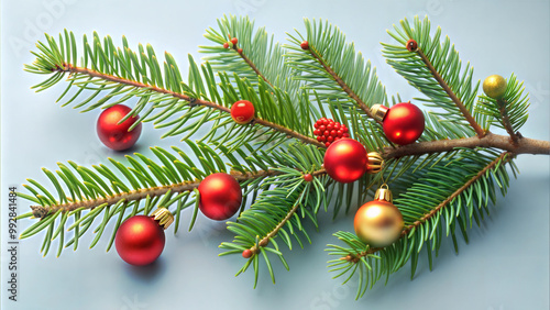 Christmas tree branch decorated with red and gold ornaments against a light background