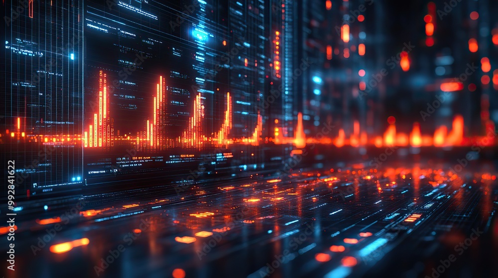 A financial document management concept with charts, graphs, and holograms represents data analysis in modern business. A financial document management concept with charts, graphs, and holograms represents data analysis in modern business.
