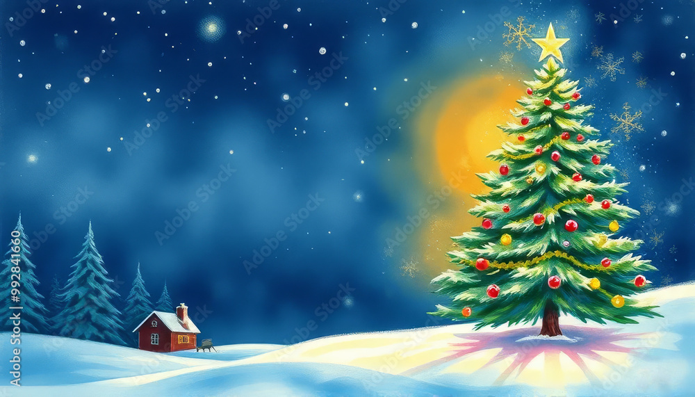 A Christmas tree with a star on top is surrounded by a snowy landscape A Christmas tree with a star on top is surrounded by a snowy landscape