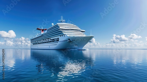 Sleek cruise ship in vivid hues, sailing smoothly on the calm ocean under a bright, clear sky, reflecting beautifully on the water.