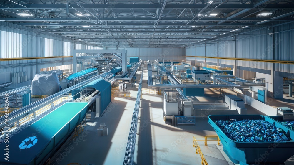 Obraz premium Blueprint for a high-efficiency recycling facility, detailing sorting technologies and processing lines