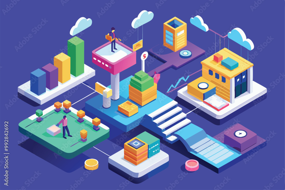 A colorful isometric design showcasing diverse business activities, structures, and charts in a dynamic setting, Customizable Isometric Illustration for your next steps. A colorful isometric design showcasing diverse business activities, structures, and charts in a dynamic setting, Customizable Isometric Illustration for your next steps.