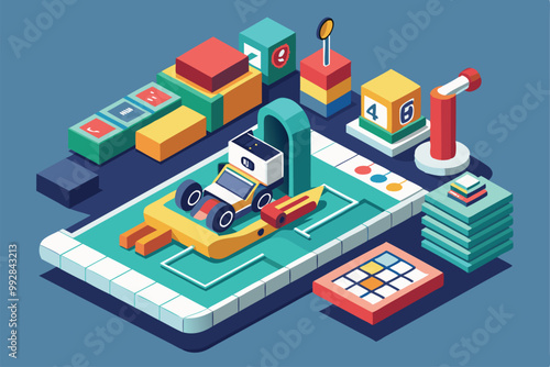 A vibrant, isometric illustration features a racetrack setup with a toy car, blocks, and various tools, Customizable Isometric Illustration Formula