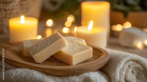 
Soap bars on a wooden tray next to towels and scented candles photo