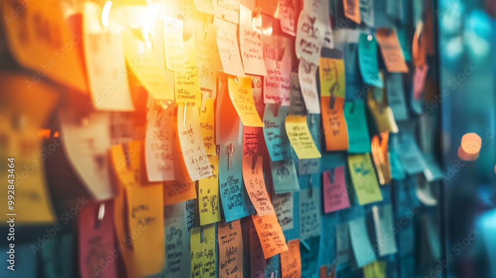 Colorful Sticky Notes on a Wall in Creative Space Colorful Sticky Notes on a Wall in Creative Space
