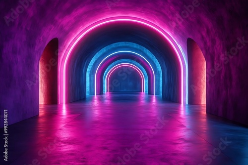 Neon Tunnel Illustration - Glowing Archways and Vibrant Purple Lighting Effects