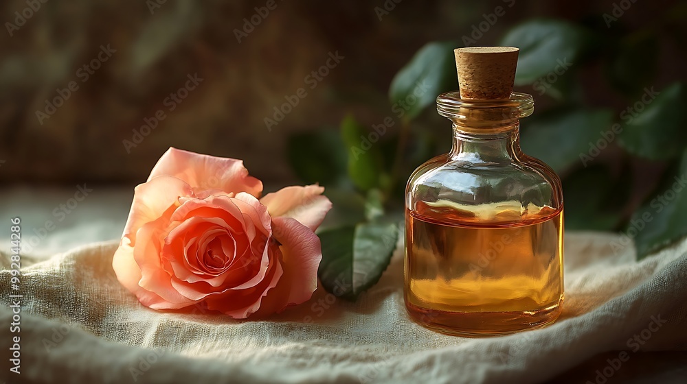 Image of a bottle of oil and a rose Image of a bottle of oil and a rose