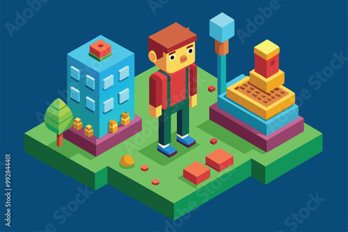 A person stands in a colorful isometric landscape surrounded by unique buildings and plants, Customizable Isometric Illustration in person
