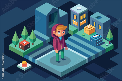 A young person in a hoodie explores a vibrant isometric city with various buildings and greenery, Customizable isometric illustration is lost.