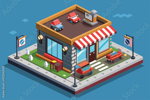 A bright and inviting barbershop showcases unique styling areas and outdoor seating for clients, Customizable isometric illustration of a barbershop.