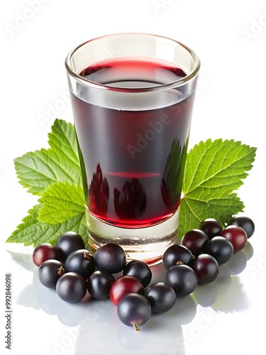 Black Currant on Green Leaf Art. Ripe Currant with Green Leaves. Fresh Black Currants on Leaves. 