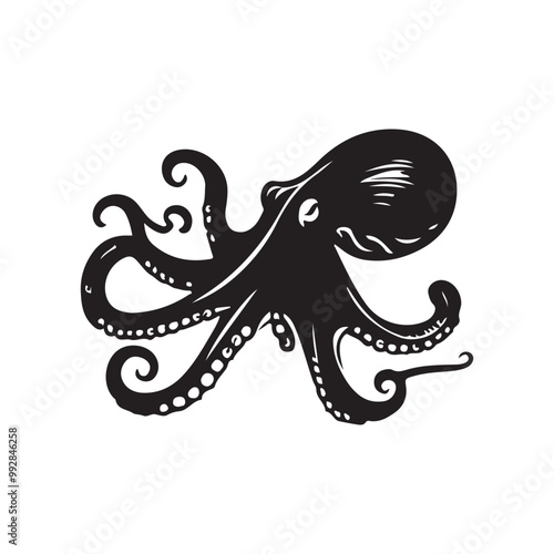 Octopus - sea animal vector silhouette for icon or sign on a sea or ocean theme. Black silhouette of an octopus for a logo 