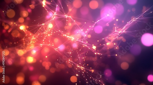 Abstract Red and Purple Background with Glowing Network and Bokeh Lights