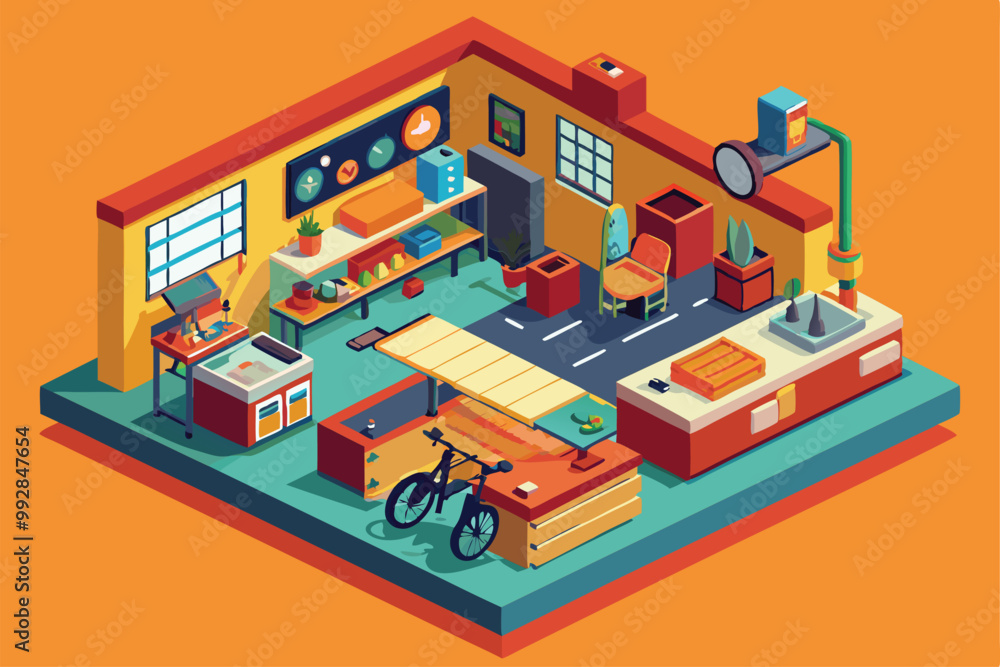 Fototapeta premium A vibrant workshop features a bicycle alongside tools and equipment, showcasing a cozy workspace, Customizable isometric illustration of a bicycle shop.