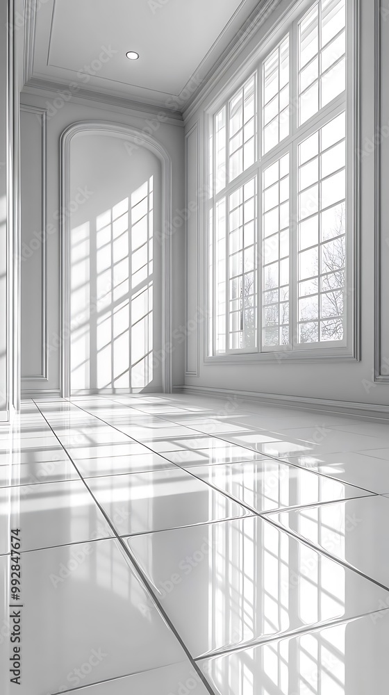 Illustration of a Bright White Room with Large Windows Illustration of a Bright White Room with Large Windows