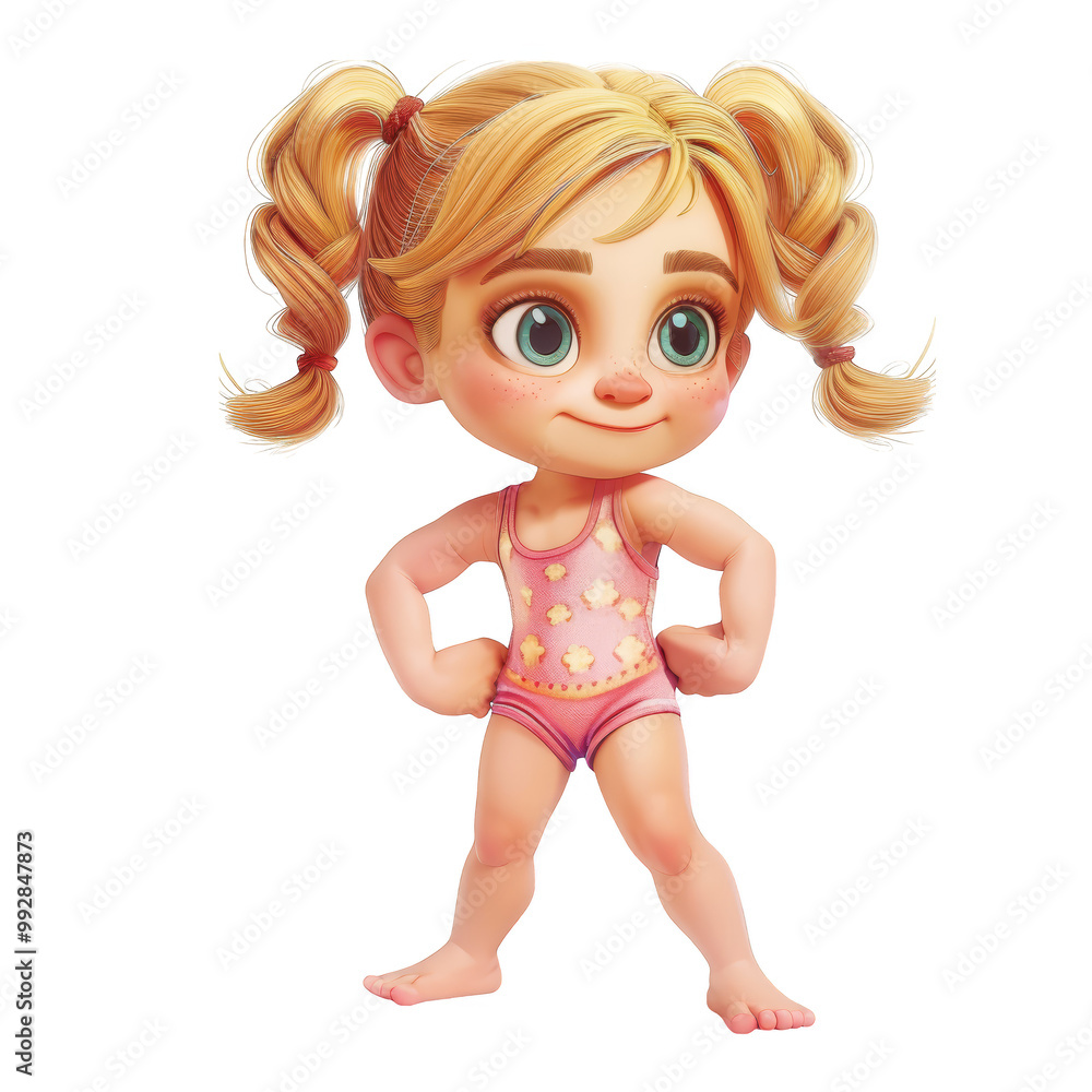 A cute, cartoon-style little girl with blonde pigtails and blue eyes wearing a pink swimsuit. She is standing with her hands on her hips, looking confident and happy. A cute, cartoon-style little girl with blonde pigtails and blue eyes wearing a pink swimsuit. She is standing with her hands on her hips, looking confident and happy.