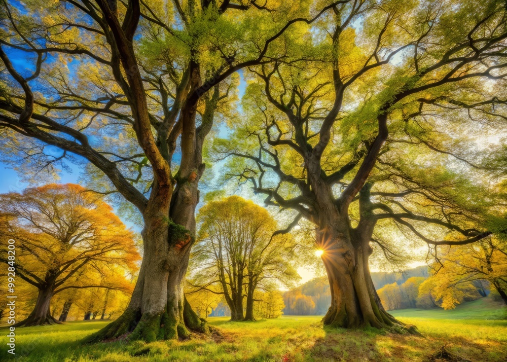 Ancient trees stand tall with rustling leaves in a soft breeze carrying wildflower scents. Ancient trees stand tall with rustling leaves in a soft breeze carrying wildflower scents.