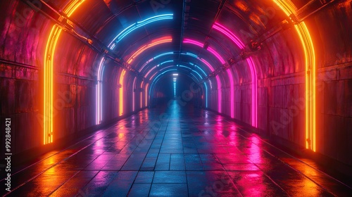 A futuristic corridor with bright neon lights, offering a high-tech atmosphere ideal for virtual or sci-fi themed backgrounds.