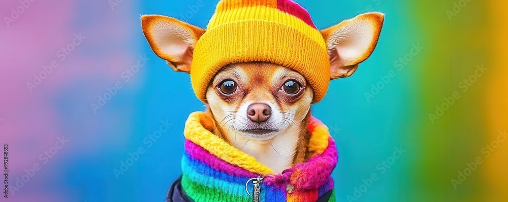 Fototapeta premium Trendy chihuahua in a chic outfit, urban setting, cheerful and modern, watercolor style