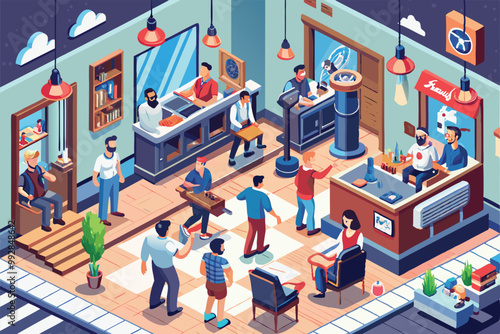 Stylists attend to customers while others wait or socialize in a vibrant barber shop setting, Customizable isometric illustration of a busy barbershop.