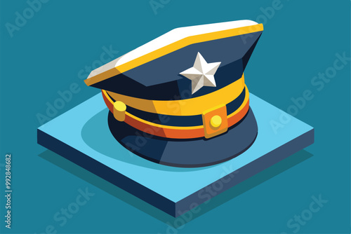 A detailed isometric depiction of a captain's hat resting on a flat blue surface, Customizable isometric illustration of a captain hat.