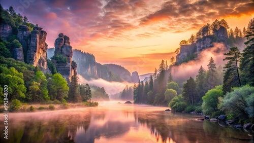 River valley awakens at dawn, with misty vapors rising from tranquil waters, surrounded by towering trees and rugged rock faces, bathed in soft, pinkish hue. photo