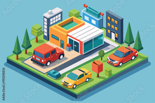 This illustration showcases a vibrant car rental service surrounded by diverse vehicles, trees, and buildings, Customizable isometric illustration of a car rental