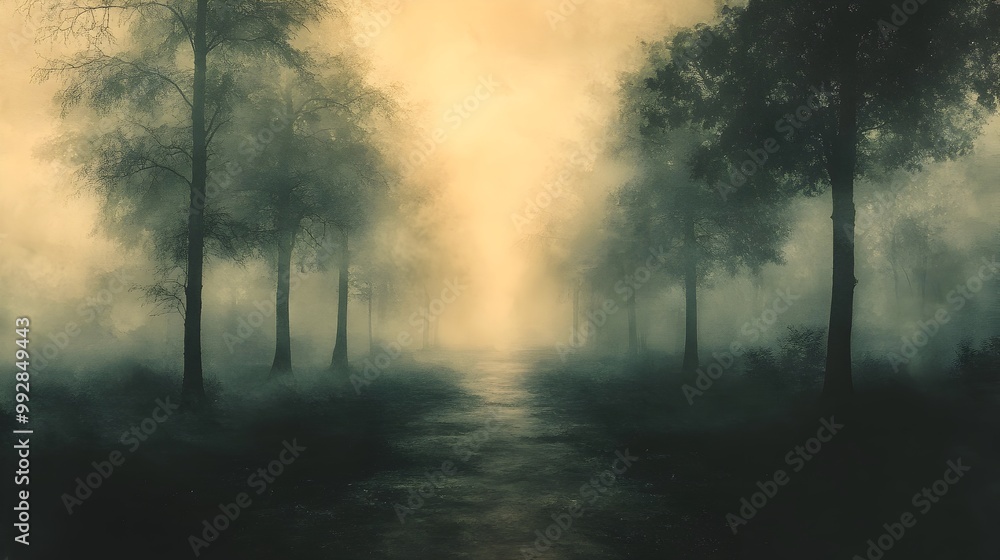 Fototapeta premium Ethereal Woodland Path in Moody,Misty Ambience of Scandinavian-inspired Digital Landscape