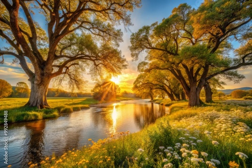 Ancient trees stand watch over serene river, leaves rustling softly in breeze carrying sweet scent of wildflowers, warm sunlight casting golden glow. photo