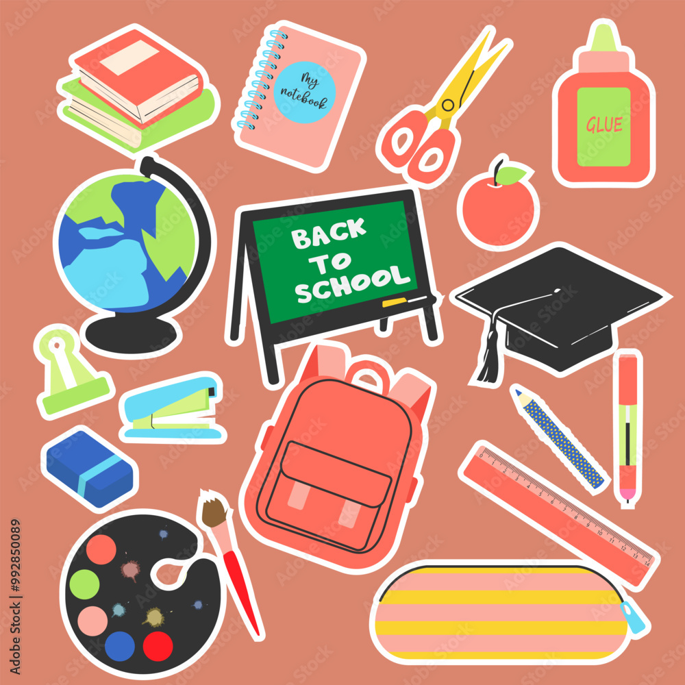 School stationery stickers set in flat stile Vector illustration. Back to shool School stationery stickers set in flat stile Vector illustration. Back to shool