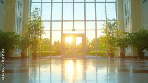 A sunlit lobby with large windows and potted plants, creating a serene atmosphere.