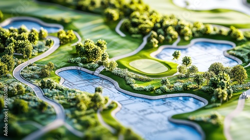 Blueprint of an eco-friendly golf course design, detailing water conservation systems and native landscaping