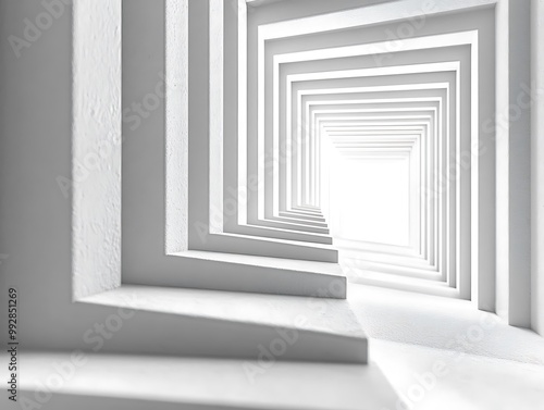 White Abstract 3D Illustration - Endless Corridor of White Square Arches