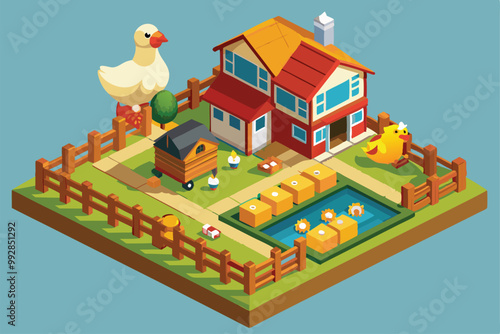 A colorful, isometric depiction of a chicken farm featuring a house, pond, and playful chickens roaming around, Customizable isometric illustration of a chicken farm.
