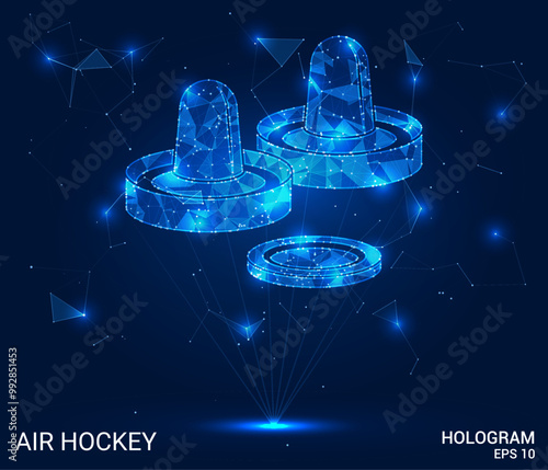 Hologram air hockey. Air hockey made of polygons, triangles, dots, and lines. Low-poly air hockey structure of connections. Technology concept vector.
