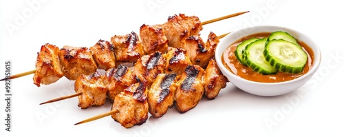 Skewers of grilled chicken satay with peanut sauce, served with cucumber relish, grilled chicken satay, Thai appetizer photo