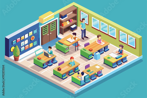 A lively classroom filled with students engaging in various learning activities at their desks, Customizable isometric illustration of a classroom