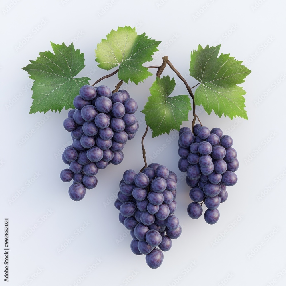 Fototapeta premium A cluster of purple grapes with green leaves on a white background.