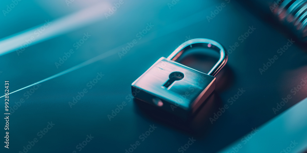 Closeup of a Metal Padlock on a Blue Surface Closeup of a Metal Padlock on a Blue Surface