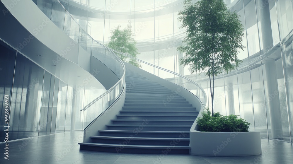 Obraz premium Modern staircase in a glass atrium with greenery, emphasizing open space and design.