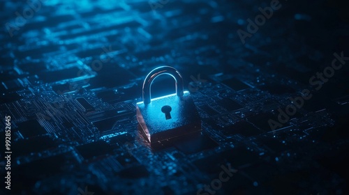 an illuminated padlock on a taxtured blue background representing digital security concept generative ai photo