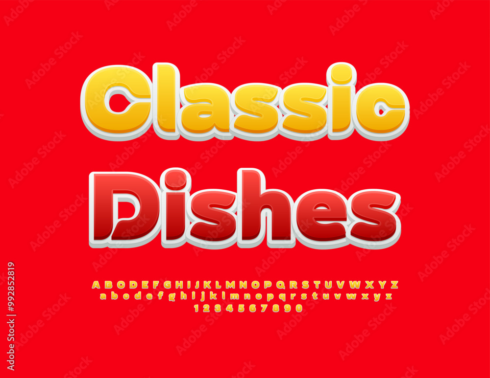 Vector bright banner Classic Dishes. Elegant Glossy Font. Trendy set of Alphabet Letters and Numbers. Vector bright banner Classic Dishes. Elegant Glossy Font. Trendy set of Alphabet Letters and Numbers.