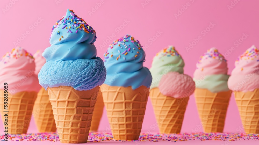 Colorful ice cream cones with sprinkles against a pink background. Colorful ice cream cones with sprinkles against a pink background.